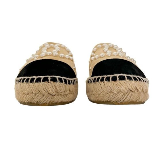 Chanel Beige Pearl Studded CC Logo Two Tone Black Cap Toe Suede Espadrilles 37 - Picture 4 of 11